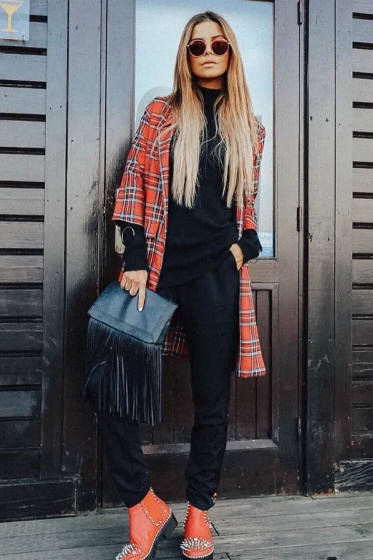 Red Tartan Long Blazer - Kerrie sold by Rebellious Fashion