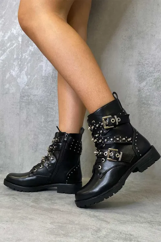 Black Faux Leather Buckle Stud Strap Biker Boots - Saina sold by Rebellious Fashion
