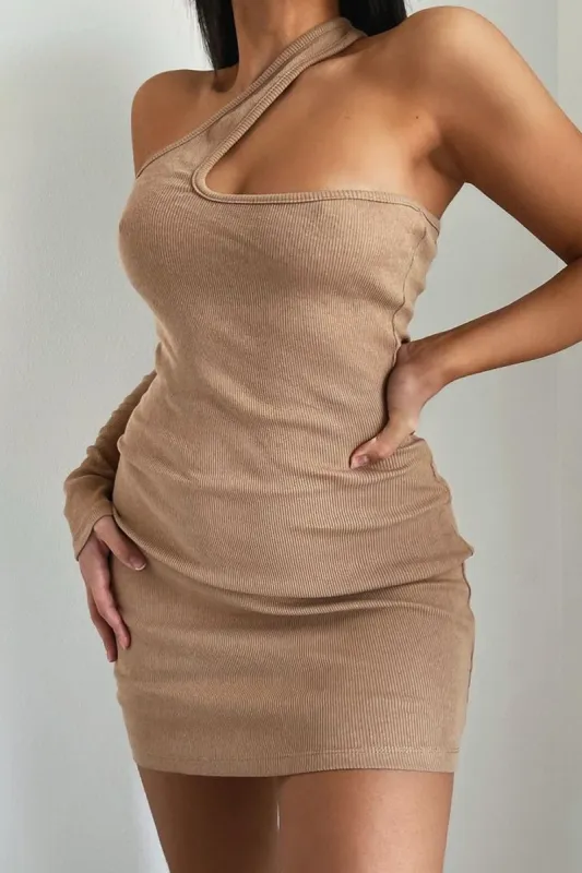 Camel Rib One Sleeve Asymmetric Mini Dress - Nola sold by Rebellious Fashion