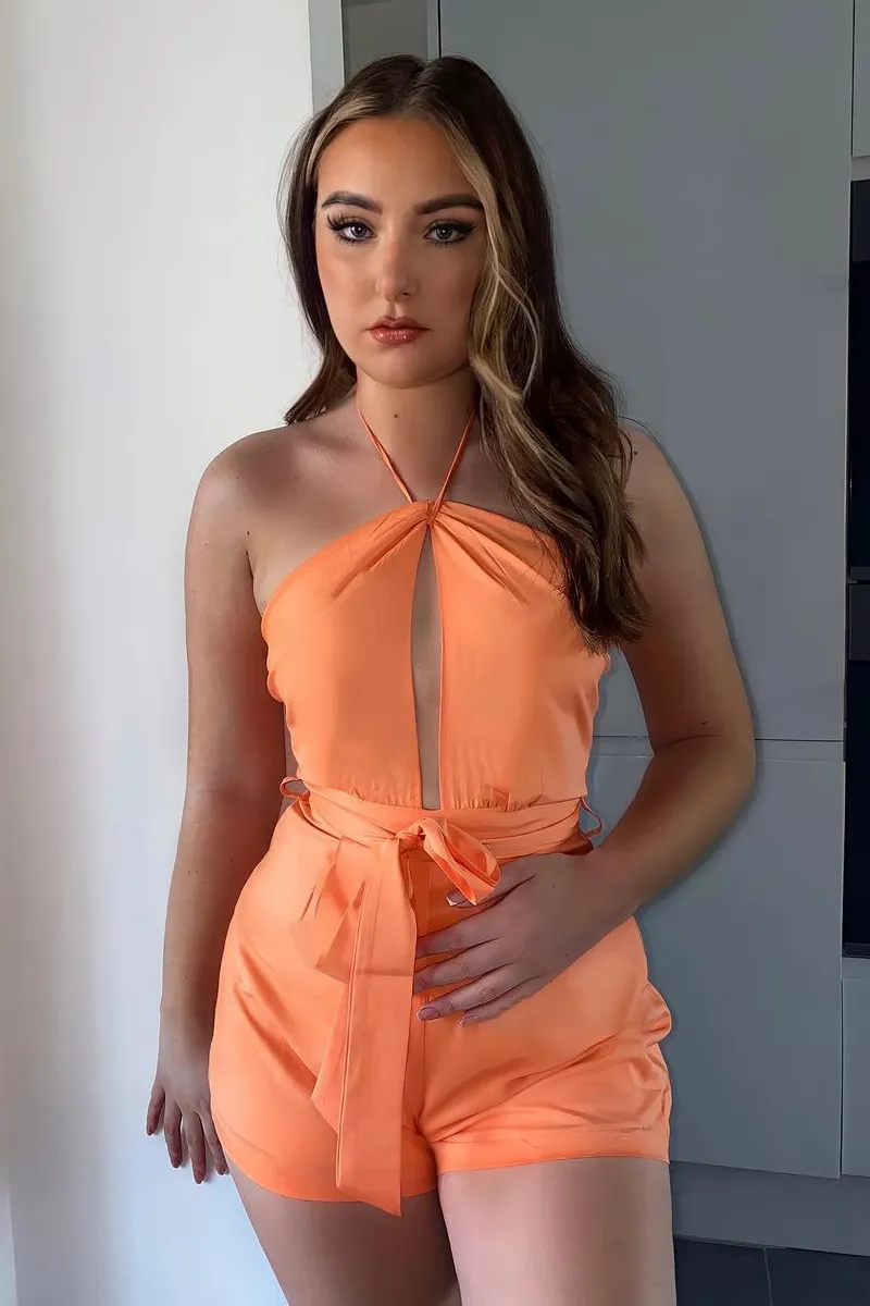 Orange Front Cut Out Halter Neck Playsuit - Breyah sold by Rebellious Fashion