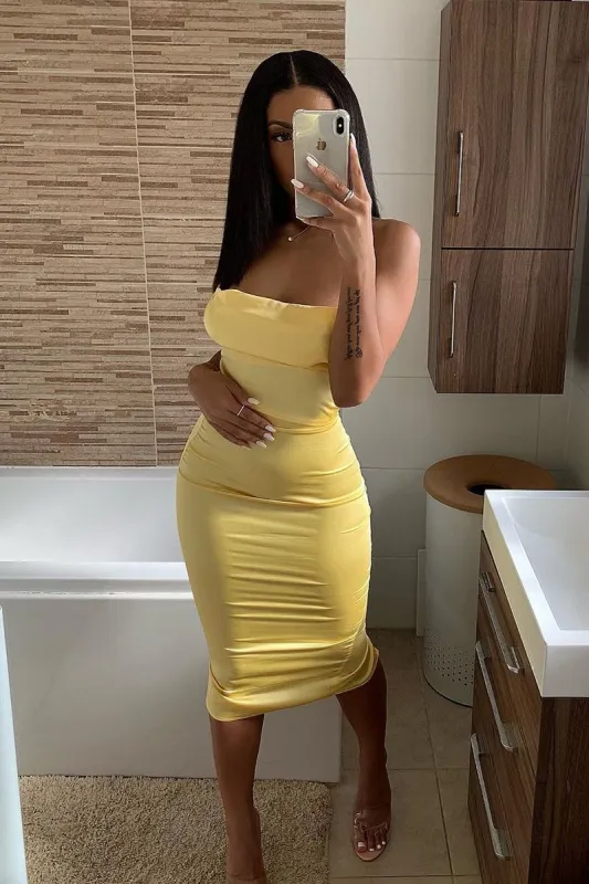 Yellow Satin Cowl Neck Midi Bodycon Dress - Liliana sold by Rebellious Fashion