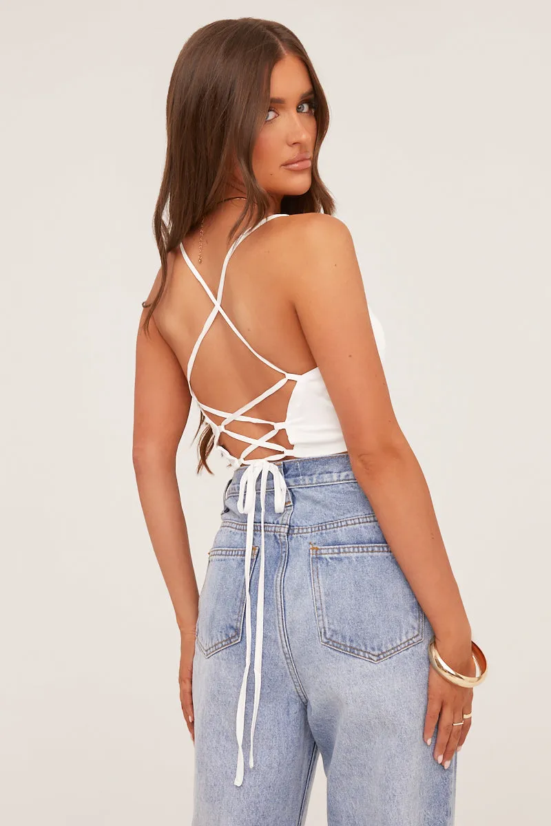 White Satin Cowl Neck Lace Up Back Cropped Top - Tia sold by Rebellious Fashion