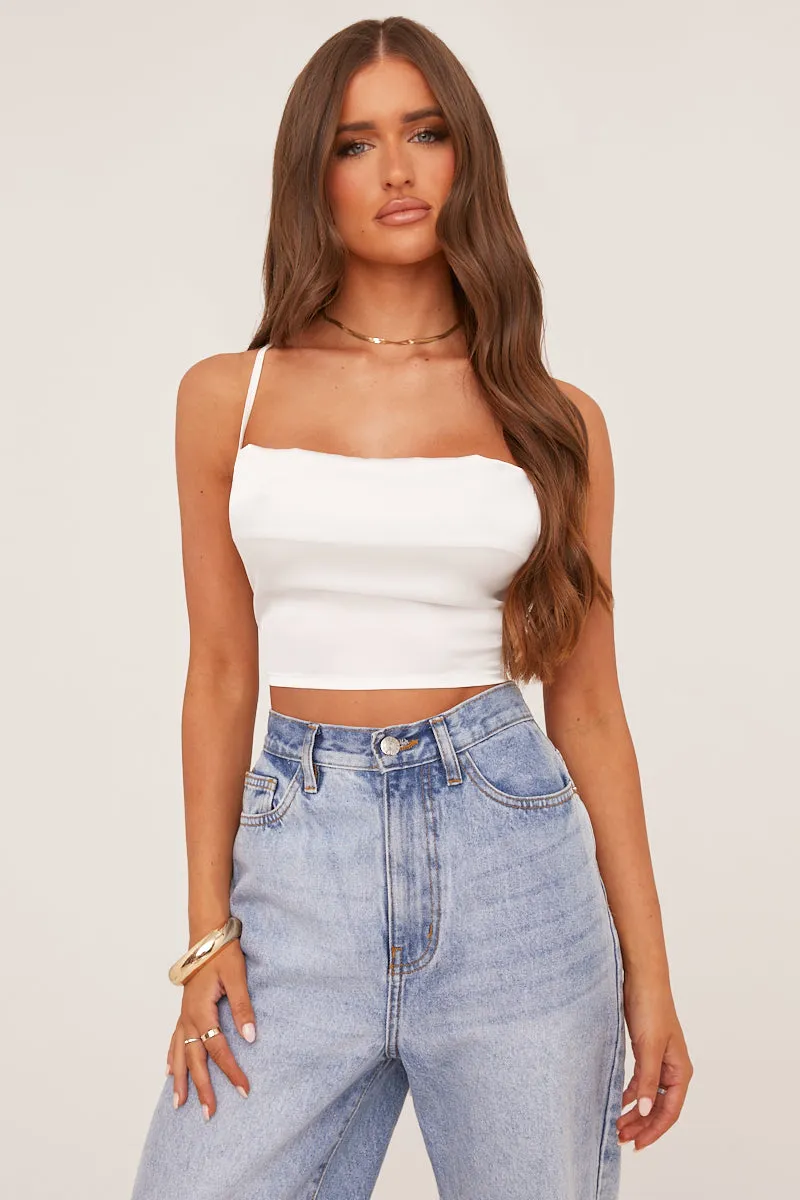 White Satin Cowl Neck Lace Up Back Cropped Top - Tia sold by Rebellious Fashion product image thumbnail 3