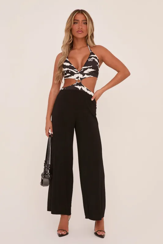 Black Zebra Print Metal Trim Halter Neck jumpsuit - Melanie sold by Rebellious Fashion