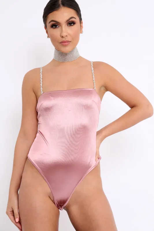 Dark Pink Satin Diamante Strap Bodysuit - Abbielee made by Rebellious Fashion