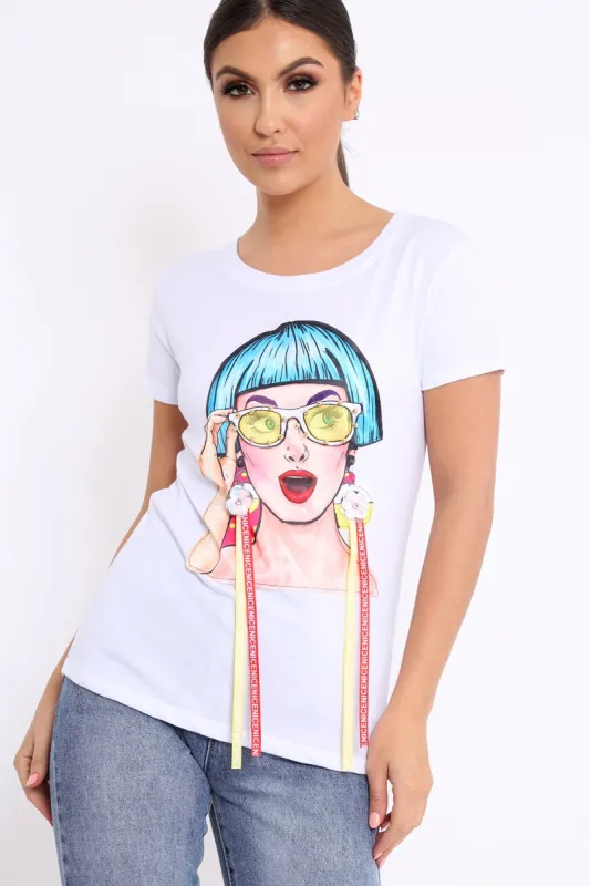 White Crew Neck Girls Face T-shirt with Tassels - Leacy sold by Rebellious Fashion