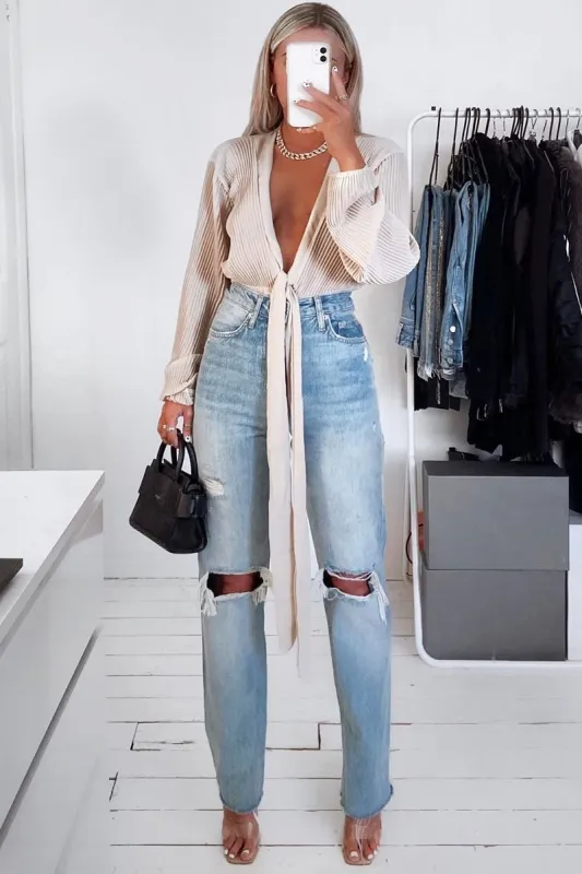 Mid Wash Denim Distressed Knee Extra Long Jeans - Ivelisse sold by Rebellious Fashion