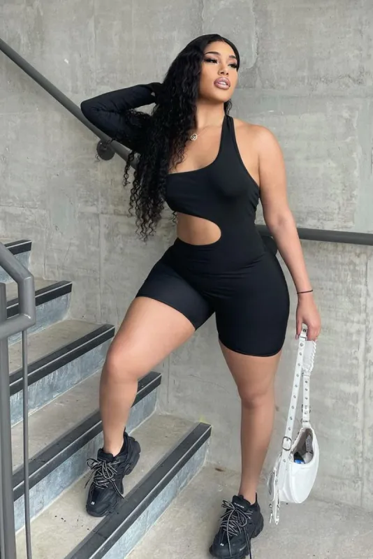 Black Cut Out One Sleeve Playsuit - River sold by Rebellious Fashion