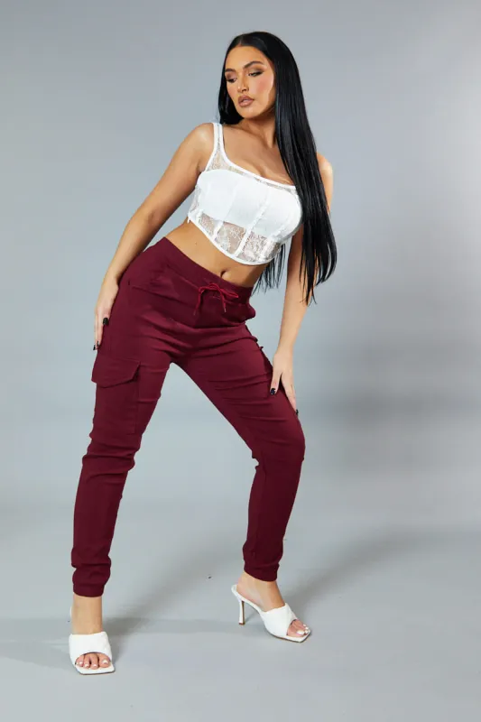 Burgundy Cuffed Hem Cargo Trousers - Rain sold by Rebellious Fashion