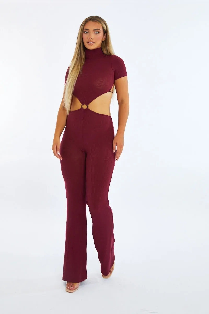 Burgundy Rib Knit Cut Out Ring Detail Jumpsuit - Ayla sold by Rebellious Fashion product image thumbnail 2