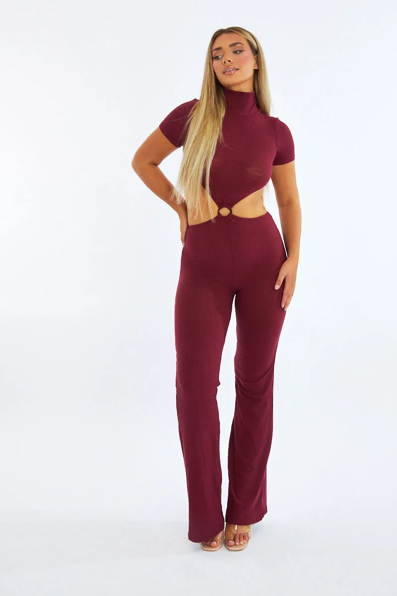 Burgundy Rib Knit Cut Out Ring Detail Jumpsuit - Ayla sold by Rebellious Fashion product image thumbnail 3