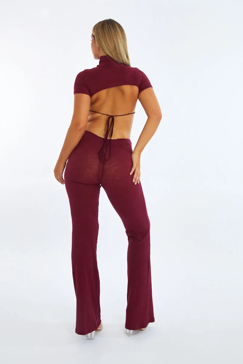 Burgundy Rib Knit Cut Out Ring Detail Jumpsuit - Ayla sold by Rebellious Fashion product image thumbnail 5