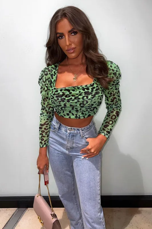 Green Leopard Print Ruched Crop Top - Tina sold by Rebellious Fashion