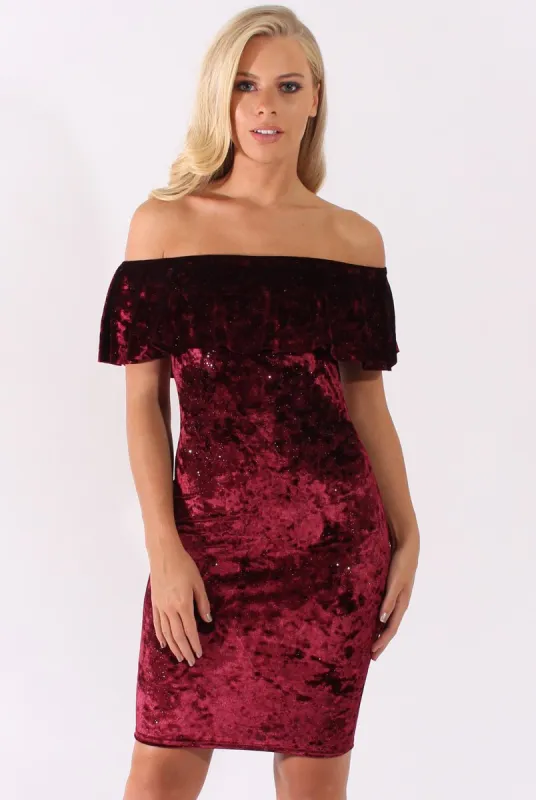 Red Velvet Sparkle Bardot Frill Dress - Bree sold by Rebellious Fashion
