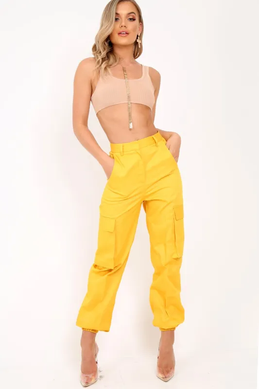 Yellow Pocket High Waist Cargo Cuffed Trousers - Galya sold by Rebellious Fashion