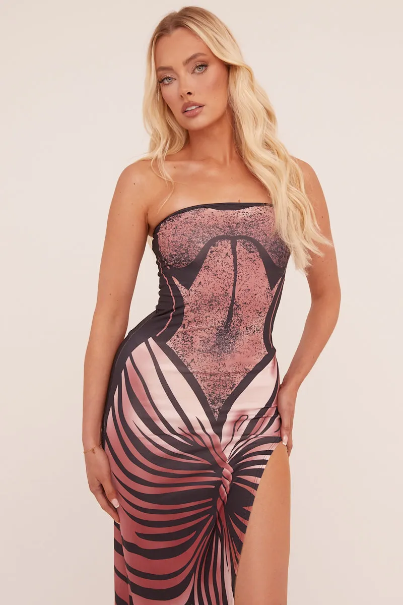 Pink Abstract Print Bandeau Side Slit Maxi Dress - Alan sold by Rebellious Fashion product image thumbnail 3