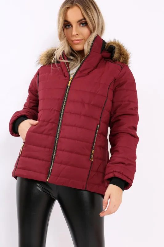 Wine Padded Coat with Fur Hood - Francesca sold by Rebellious Fashion