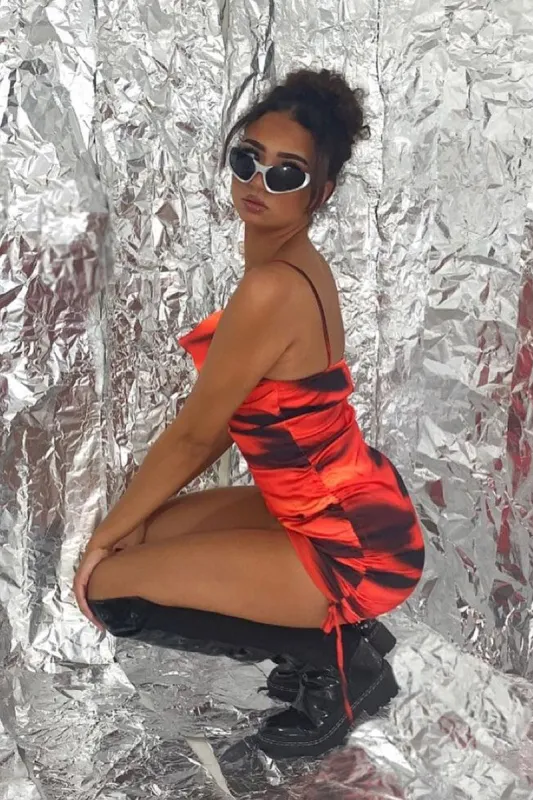 Red Abstract Print Cowl Neck Side Ruched Mini Dress - Vida sold by Rebellious Fashion
