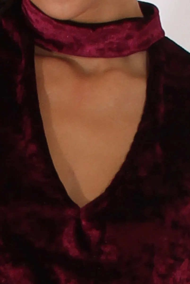 Wine Crushed Velvet Cut Out High Neck Top - Morgan sold by Rebellious Fashion product image thumbnail 5