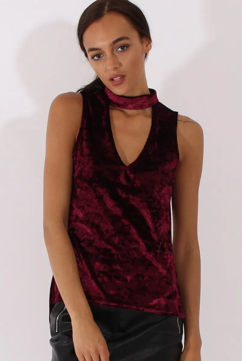 Wine Crushed Velvet Cut Out High Neck Top - Morgan sold by Rebellious Fashion