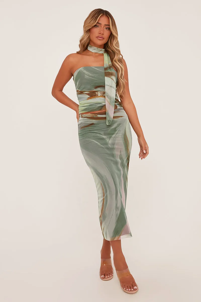 Sage Abstract Print Bandeau Crop Top & Midi Skirt Co-ord Set - Savannah sold by Rebellious Fashion