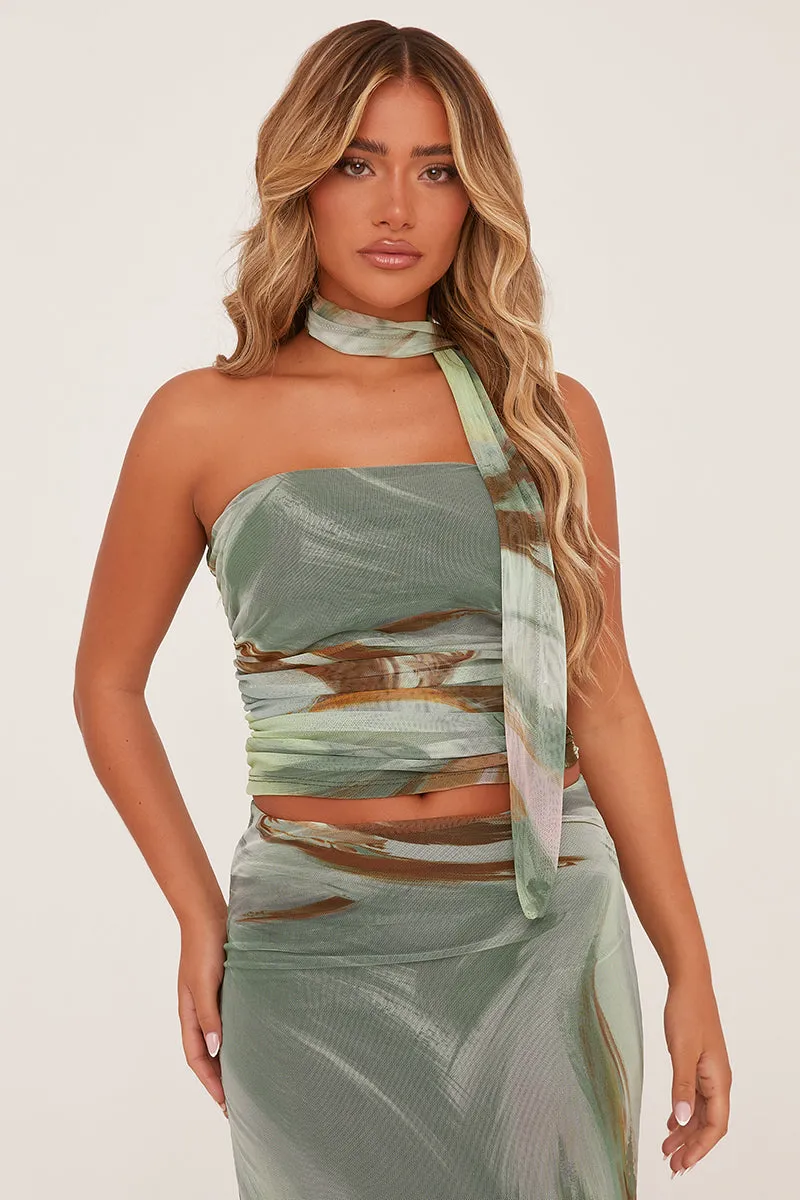 Sage Abstract Print Bandeau Crop Top & Midi Skirt Co-ord Set - Savannah sold by Rebellious Fashion product image thumbnail 2