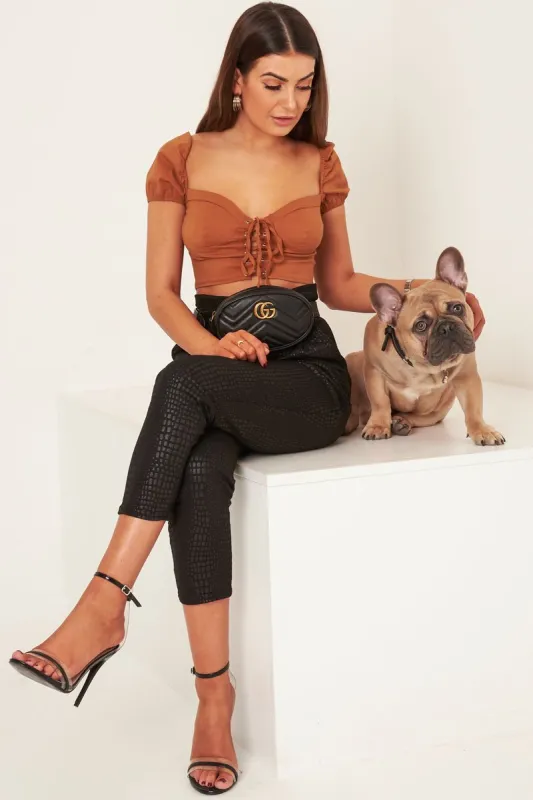 Tan Puff Sleeve Lace Up Front Crop Top - Kandis made by Rebellious Fashion