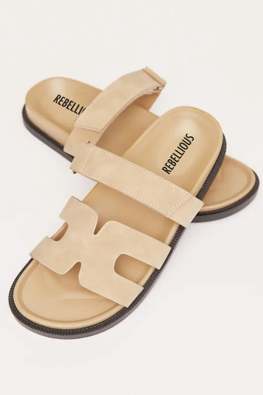 Beige Gladiator Suede Leather Velcro Strap Slider Sandals - Aloni sold by Rebellious Fashion