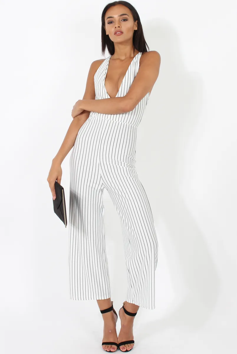 White Pinstripe Plunge Culotte Jumpsuit - Francine sold by Rebellious Fashion product image thumbnail 3