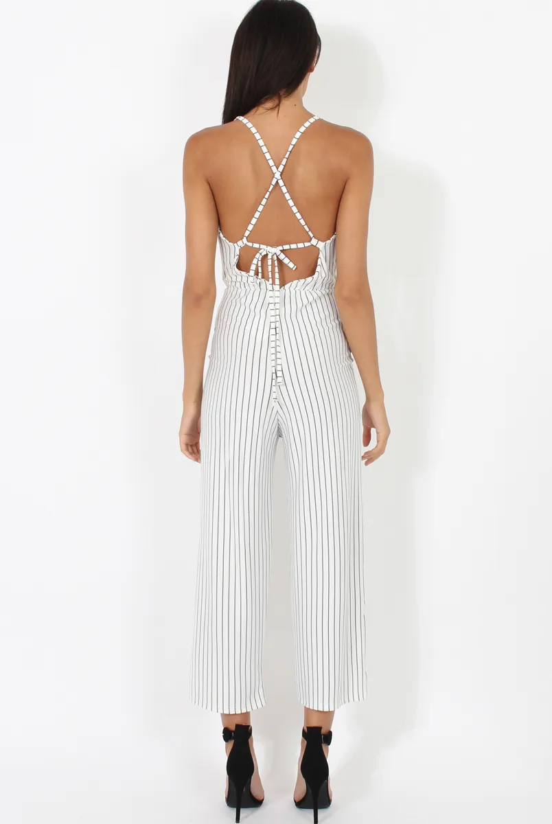 White Pinstripe Plunge Culotte Jumpsuit - Francine sold by Rebellious Fashion product image thumbnail 5