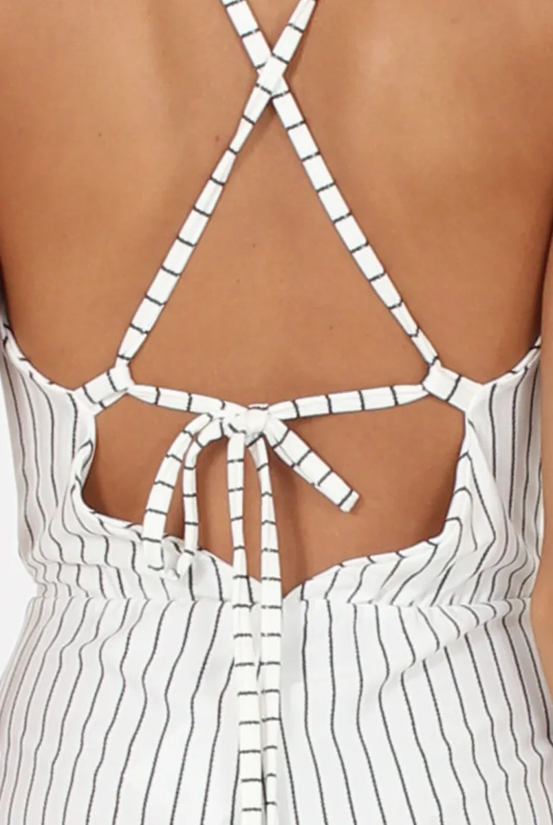 White Pinstripe Plunge Culotte Jumpsuit - Francine sold by Rebellious Fashion product image thumbnail 4