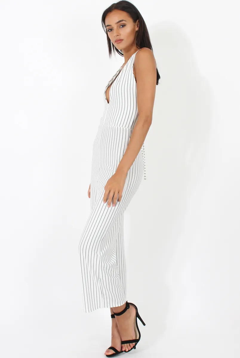 White Pinstripe Plunge Culotte Jumpsuit - Francine sold by Rebellious Fashion product image thumbnail 2