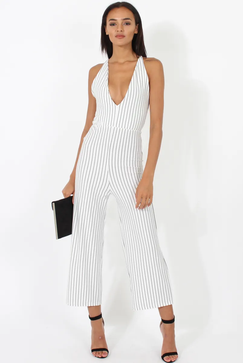 White Pinstripe Plunge Culotte Jumpsuit - Francine sold by Rebellious Fashion