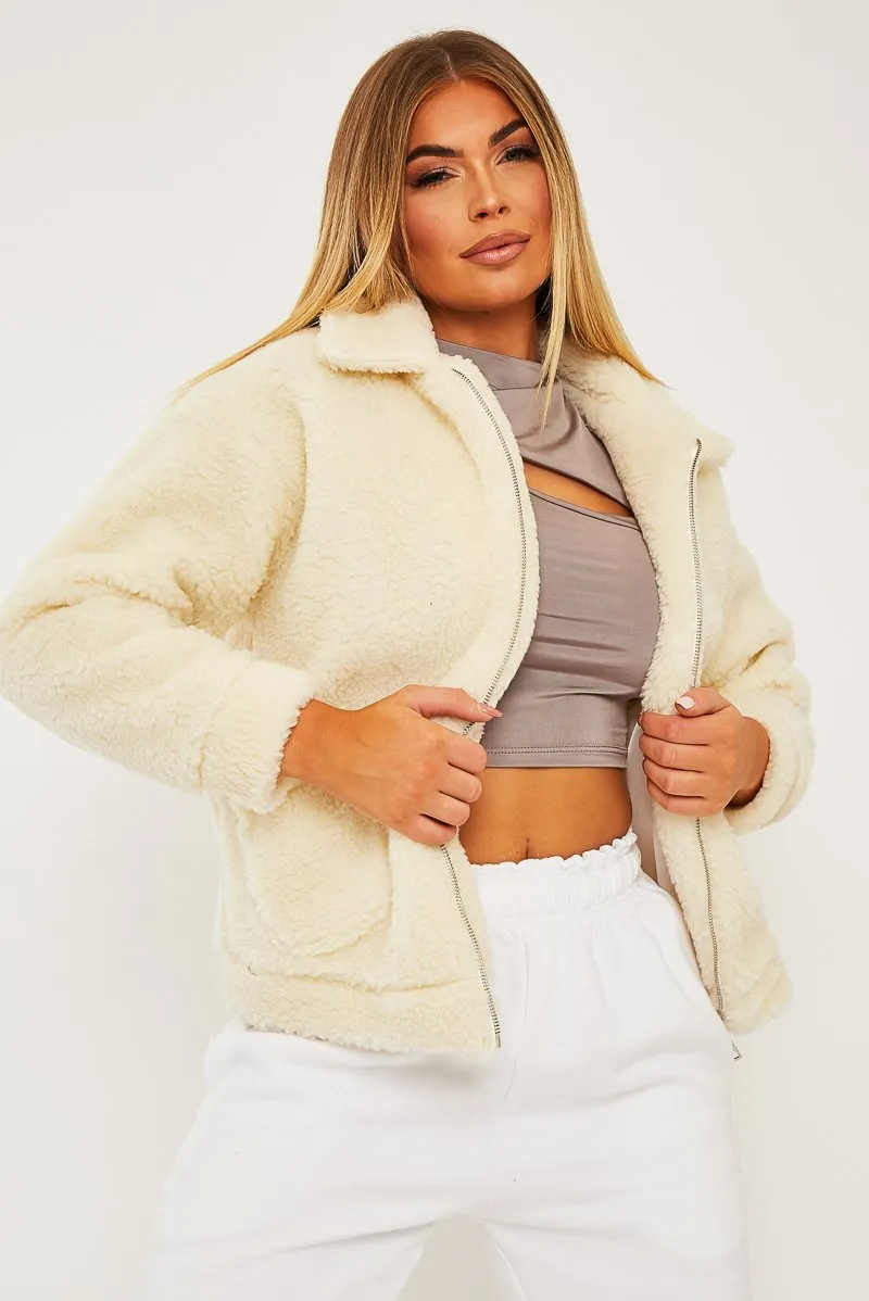 Cream Collar Zip Front Borg Teddy Jacket - Kaleah sold by Rebellious Fashion product image thumbnail 4