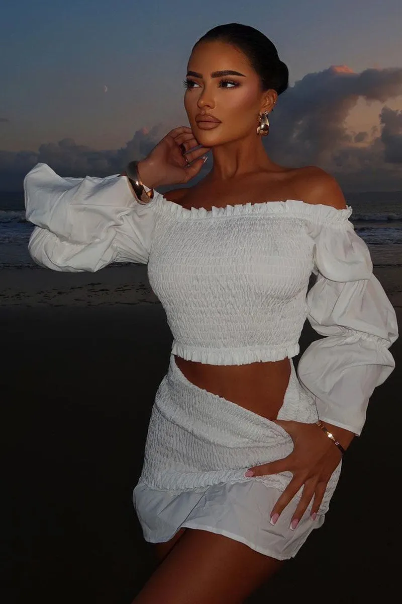 White Shirring Detail Bardot Top & Mini Skirt Co-ord Set - Connie sold by Rebellious Fashion