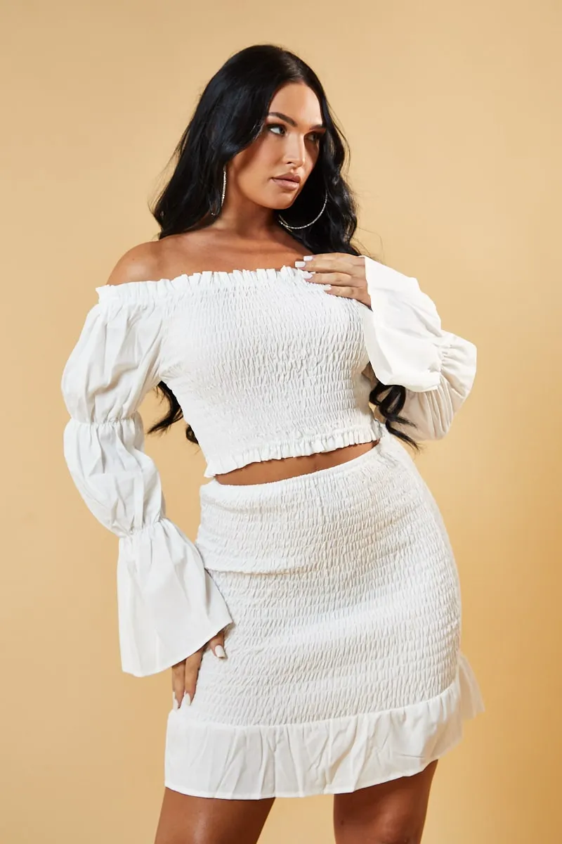 White Shirring Detail Bardot Top & Mini Skirt Co-ord Set - Connie sold by Rebellious Fashion product image thumbnail 2