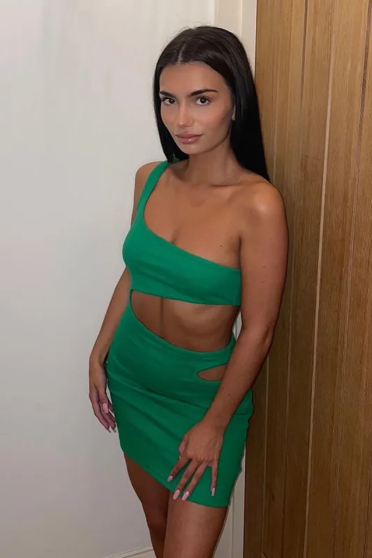Green Rib One Shoulder Side Cut Outs Mini Dress - Noelle sold by Rebellious Fashion