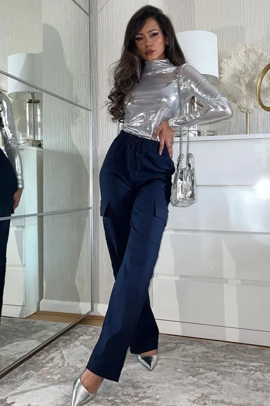 Navy Straight Leg Cargo Trousers - Rian sold by Rebellious Fashion