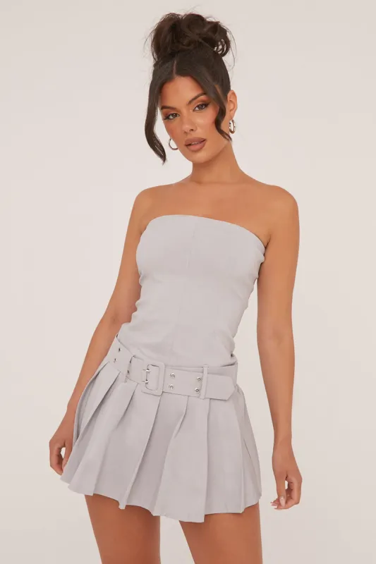 Grey Bandeau Pleat Detail Waist Belt Mini Dress - Clover sold by Rebellious Fashion