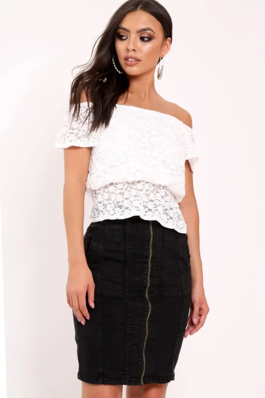 White Lace Frill Bardot Top - Aarin sold by Rebellious Fashion