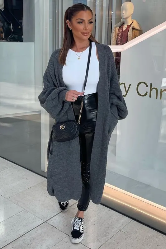 Dark Grey Balloon Sleeve Maxi Knit Cardigan - Imara sold by Rebellious Fashion