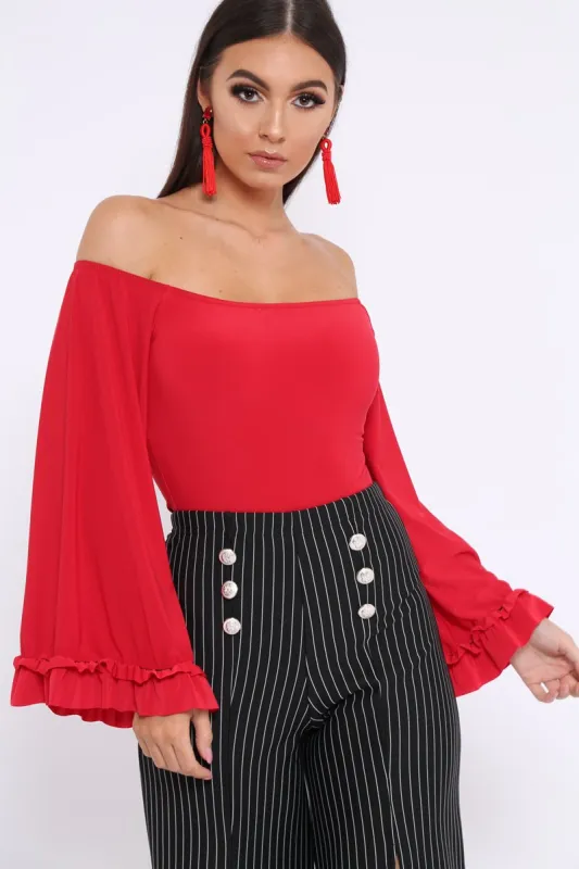 Red Bardot Frill Flare Sleeve Bodysuit - Sofiya sold by Rebellious Fashion