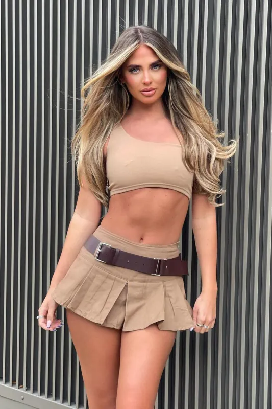 Tan Low Rise Belted Tailored Micro Mini Skirt - Jolie sold by Rebellious Fashion