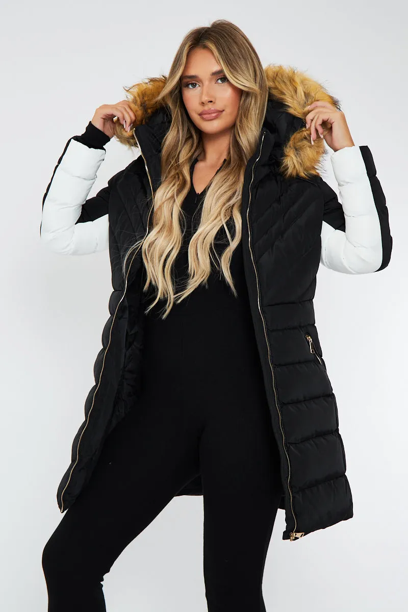 Black Fur Hood Contrast Panel Puffer Coat - Chelsie sold by Rebellious Fashion
