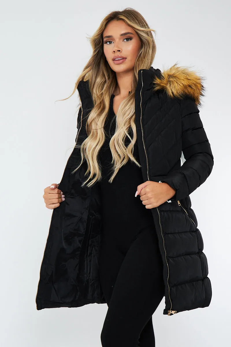 Black Fur Hood Contrast Panel Puffer Coat - Chelsie sold by Rebellious Fashion product image thumbnail 2