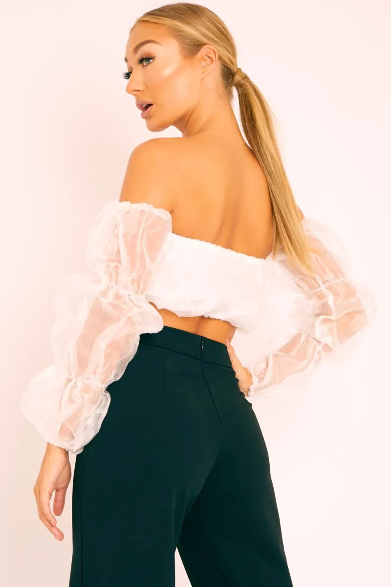 White Organza Bardot Puff Sleeves Crop Top - Teresa sold by Rebellious Fashion product image thumbnail 3