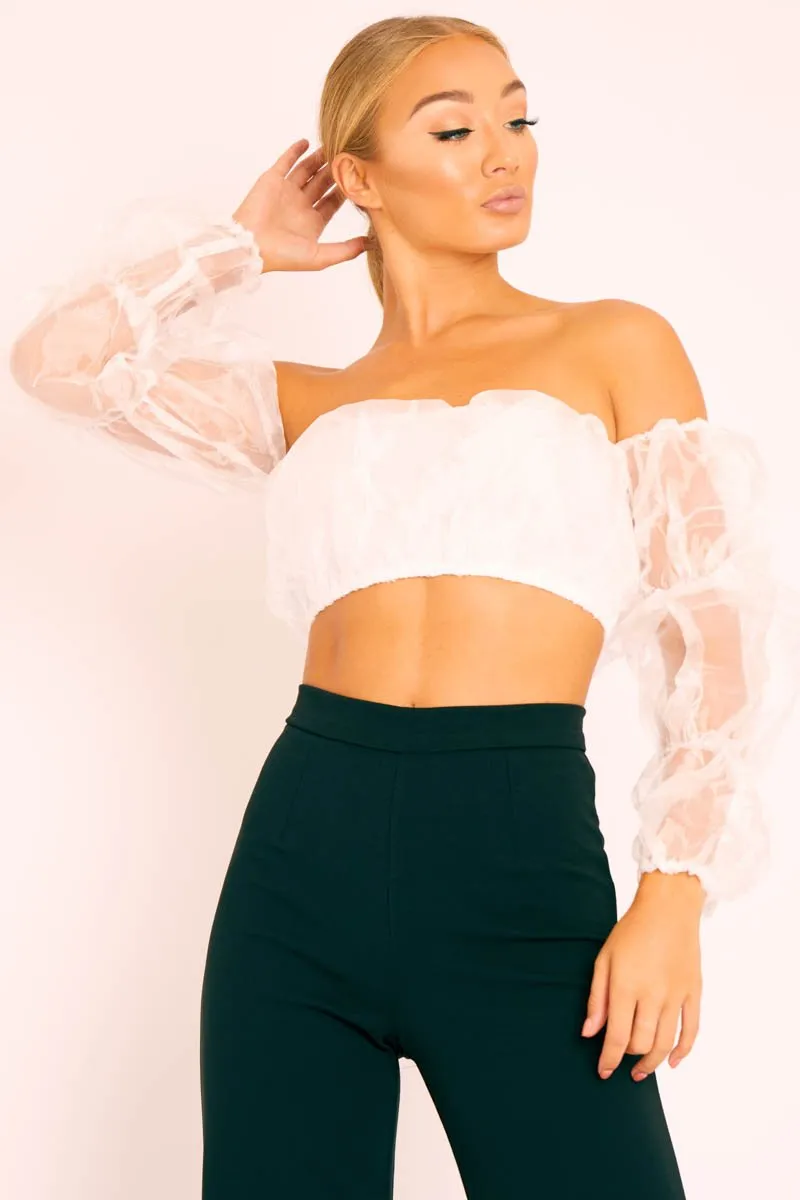 White Organza Bardot Puff Sleeves Crop Top - Teresa sold by Rebellious Fashion product image thumbnail 2