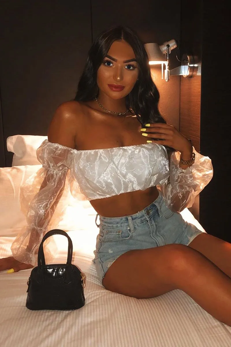 White Organza Bardot Puff Sleeves Crop Top - Teresa sold by Rebellious Fashion