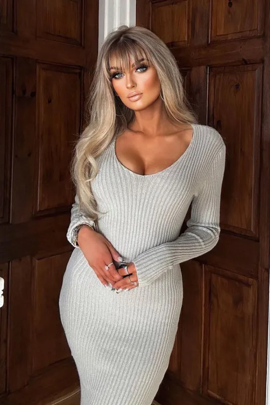 Beige Plunge Neck Rib Knit Midi Dress - Freya sold by Rebellious Fashion