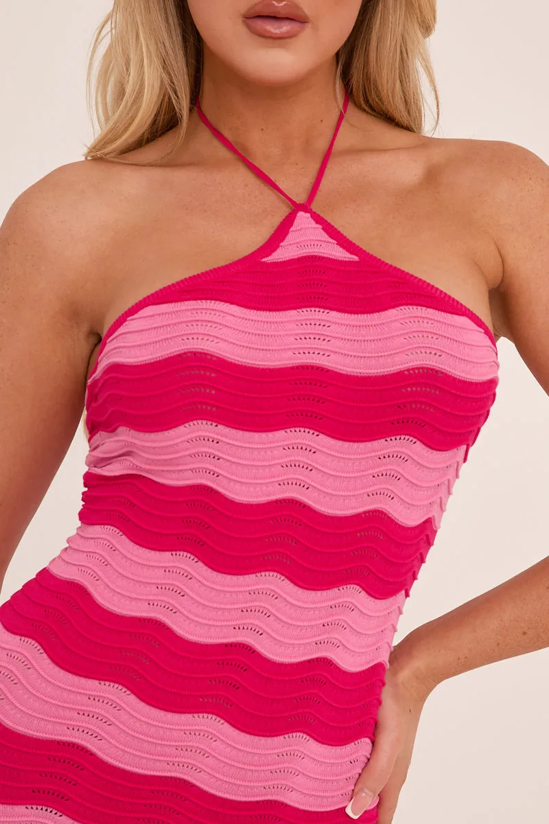Pink Knit Striped Halter Neck Mini Dress - Lottie sold by Rebellious Fashion product image thumbnail 4